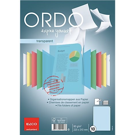 Advertising leaflet for Ordo paper. Sheets of paper float on a blue background. Various colored folders and paper sheets are lined up.