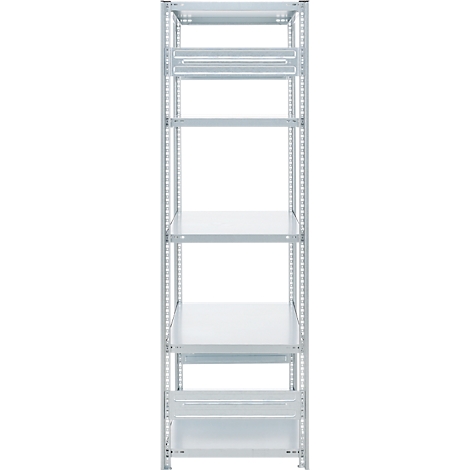 Metal rack with white shelves, isolated against a white background.