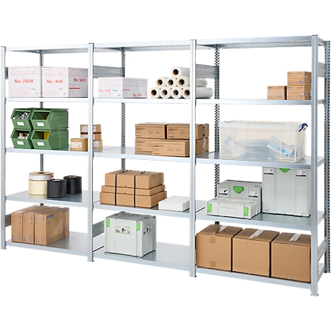 A metal shelving unit with multiple levels, filled with boxes, containers, and rolls of paper. The grey shelves are stocked with various products.