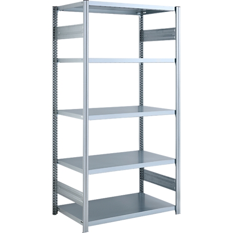 Gray metal shelf with five shelves, on a white background.