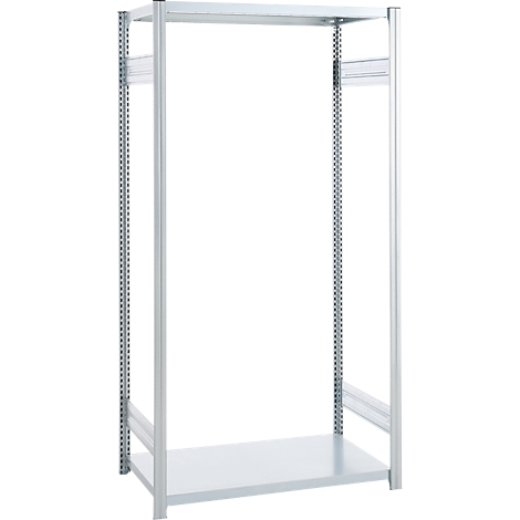 Open metal shelf with white base plate, against a white background.