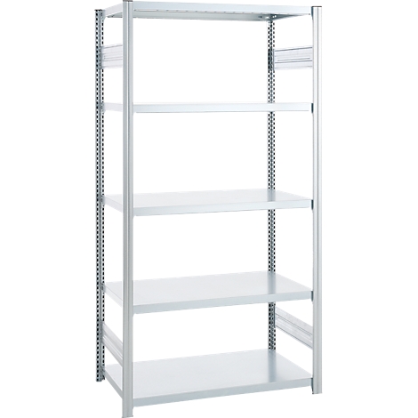 Metal shelving unit with five white shelves against a white background. The frames are silver.