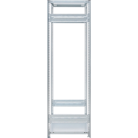 Grey metal rack, front view, white background.