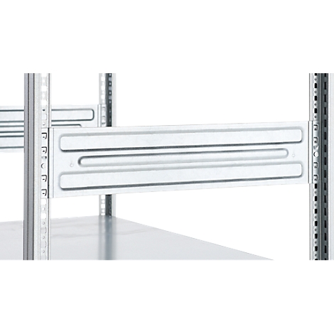 Close-up of a silver shelf support with three parallel, protruding lines. The support is held between two vertical struts.