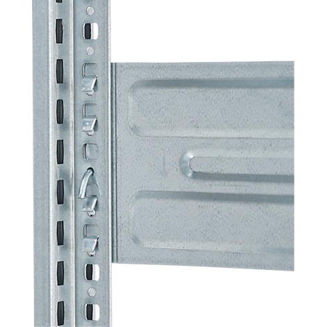 Detail of a metal shelf. A hook connects a side panel to a shelf. Gray surface.