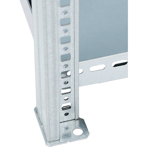 Close-up of the corner of a metal shelf with holes and slots. The structure is metallic gray.