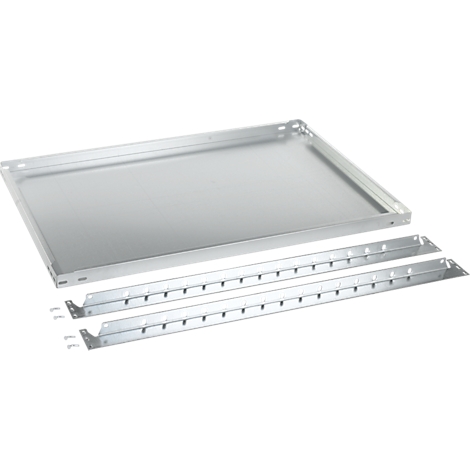 Metall-Ablage mit zwei Halterungen, Ansicht von oben. Eckige Form, silberne Farbe.