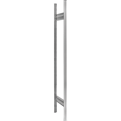 Silberner Metall-Regalrahmen mit vertikalen Lochpfosten und horizontalen Verbindungselementen.