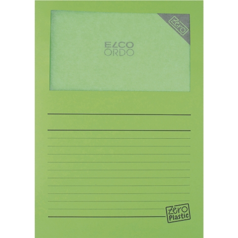 Hellgrüner Elco Ordo-Ordner, der mit Zero Plastic gekennzeichnet ist. Das Logo befindet sich oben rechts.