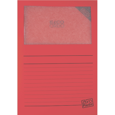 Rote, beschriftete Dokumentenmappe mit transparentem Einband und dem Aufdruck 'Eaco Ondo'.