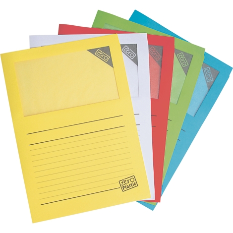 Cinq chemises de couleurs, jaune, blanc, rouge, vert et bleu. Chaque chemise possède une fenêtre transparente et est étiquetée "Zero Plastic".