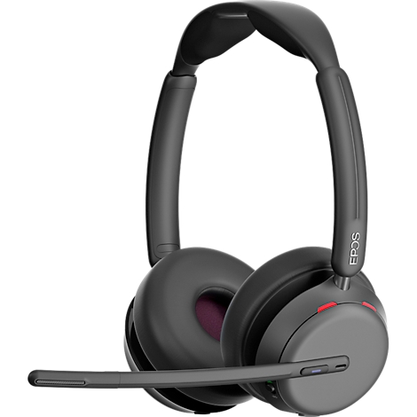 Casque sans fil noir avec microphone. "EPOS" est écrit sur l'écouteur droit.