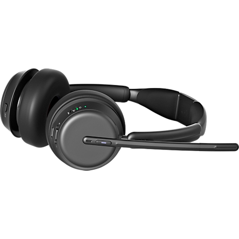 Casque circum-auriculaire noir avec microphone, couché sur le côté. LED vertes sur l'écouteur.
