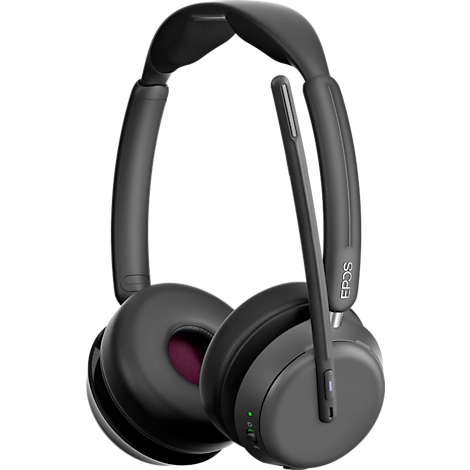 Casque gris foncé avec microphone, rembourrage violet, logo EPOS.