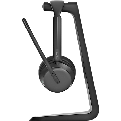 Casque noir avec microphone sur un support. Le casque a un design épuré, avec le texte "EPOS".