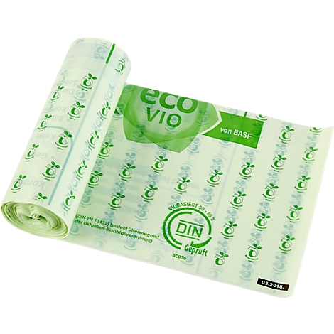 Roll of garbage bags, printed with the label "eco Vio".