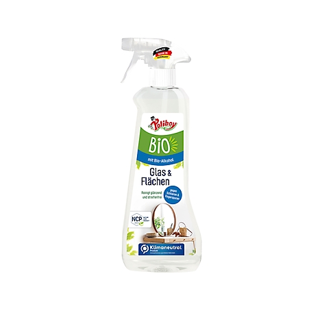 A transparent spray bottle with a white spray head and label. The label reads: "Poliboy Bio Glass & Surfaces".