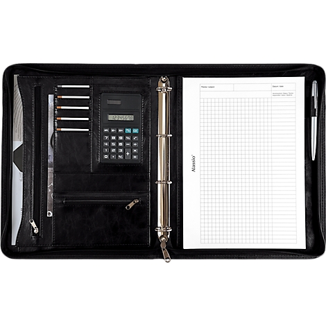 Portefeuille noire avec bloc-notes, calculatrice et stylo. Ouvert, mécanisme à anneaux, fermeture éclair.