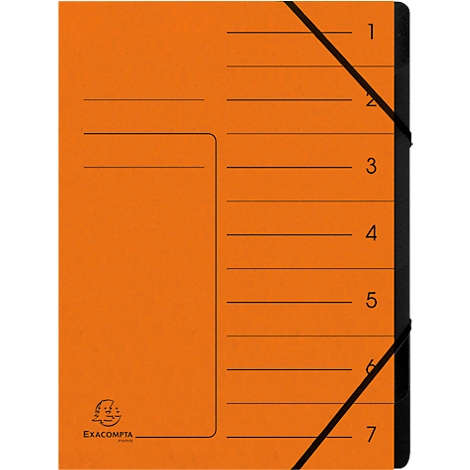 Dossier orange avec élastiques noirs et onglets d'indexation étiquetés.