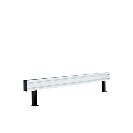 A silver metal beam with black legs stands against a white background.