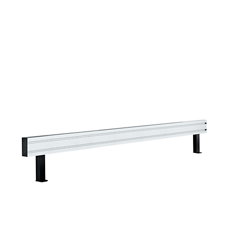 A silver metal beam with black feet stands against a white background.