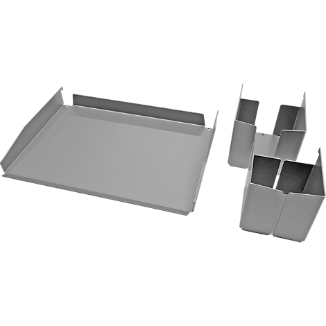 Several gray sheet metal parts: A flat tray and two angular constructions.