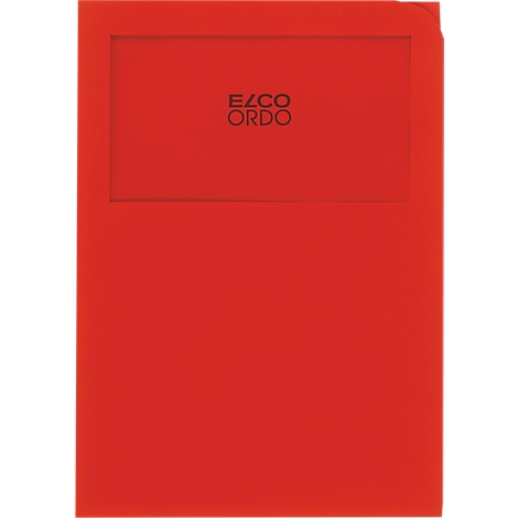 A red folder with a square cutout and the black lettering 'EZCO ORDO'.