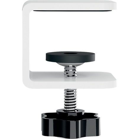 Support de fixation de table blanc en forme de C avec poignée rotative noire et vis de réglage. Au-dessus, un support noir.