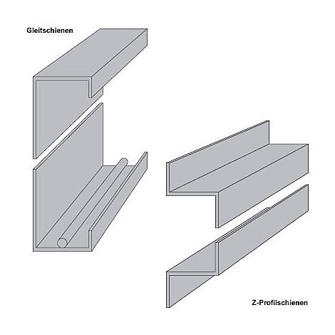 Rails de guidage grises et rails profilés en Z, dessin technique. Le rail de guidage est représenté en pièces détachées, les rails profilés en Z également.
