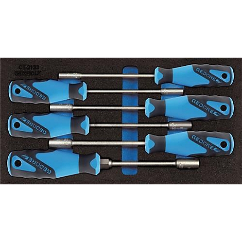 Un ensemble de six clés bleues et noires dans un support en mousse noir.
