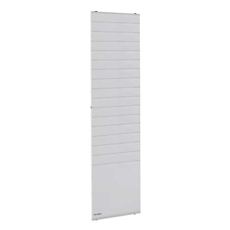 Vertical, white radiator with horizontal slats. There is a smooth surface at the bottom, hangers at the top.