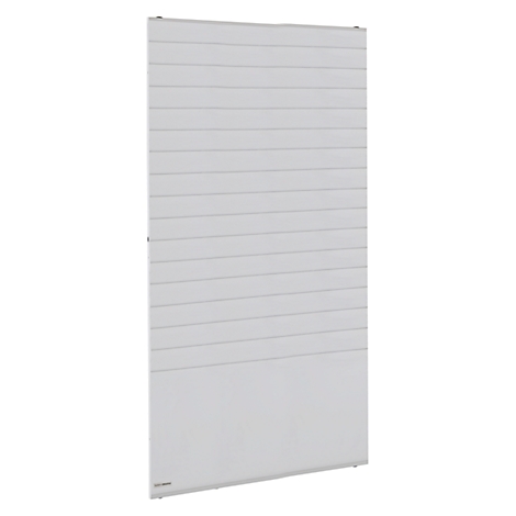 White, rectangular heating panel with horizontal lines. A small inscription is at the bottom.