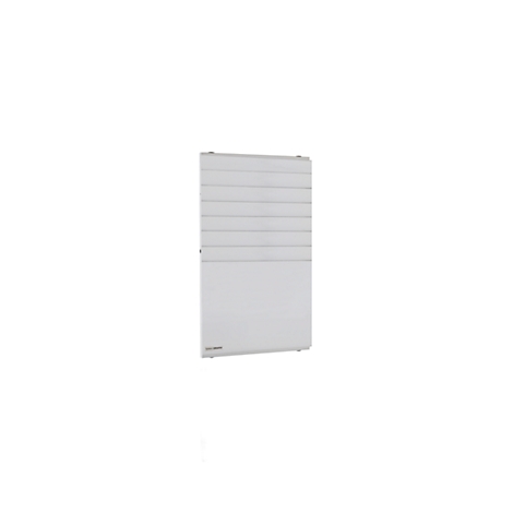 A white radiator standing against a white background. It has horizontal slats.