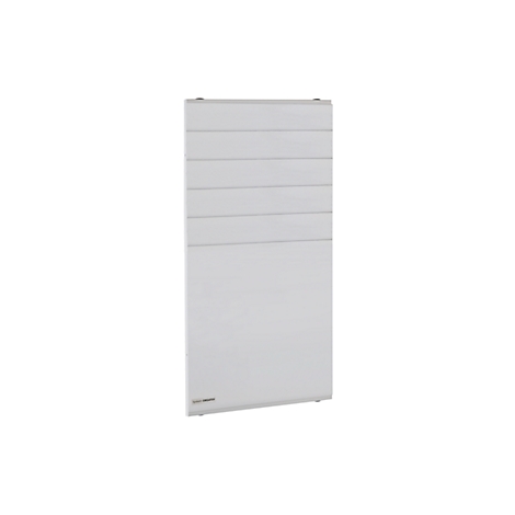 White radiator with horizontal slats and brand logo. On a neutral background.