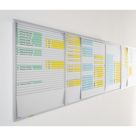 Wall board with colorful cards and texts for organization. Yellow, green and blue cards show tasks and information.