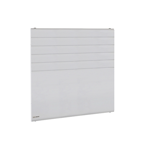 A white radiator. Horizontal stripes at the top. A smooth lower part. Small logo at the bottom left.