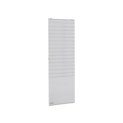 A white radiator with horizontal lines. A lettering is on the bottom left.