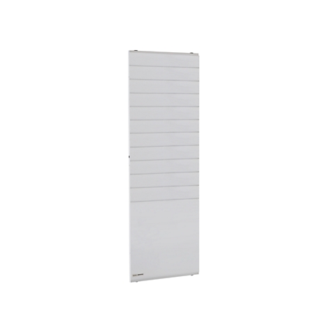 White radiator with horizontal slats, on a white background.