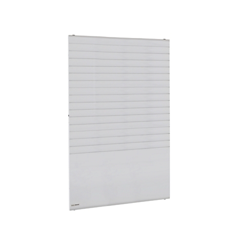 A white heating panel with horizontal grooves, against a white background.