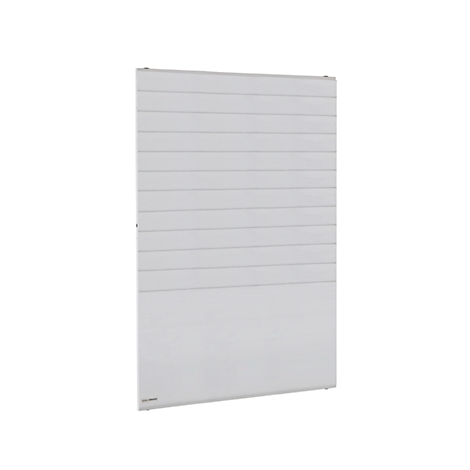 A white, rectangular radiator against a white background. Horizontal lines structure the surface.