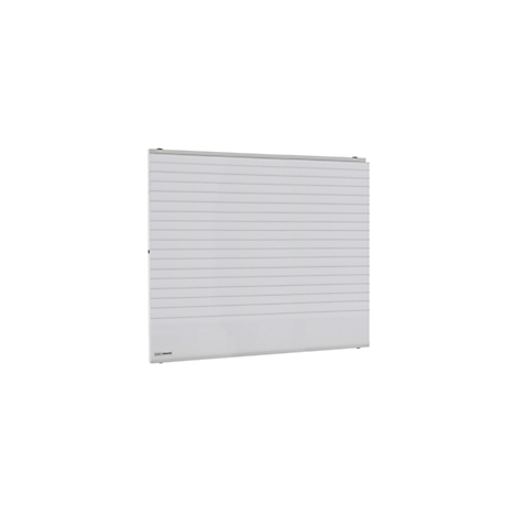 White radiator with horizontal stripes. Small text at the bottom left.