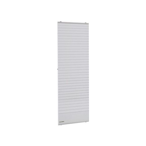 White radiator with horizontal lines. A writing is visible at the bottom.