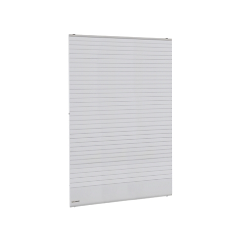 White radiator with horizontal slats. Small lettering at the bottom.