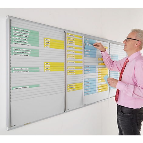 Een man in een roze overhemd en stropdas sorteert kaarten op een Kanban-bord.