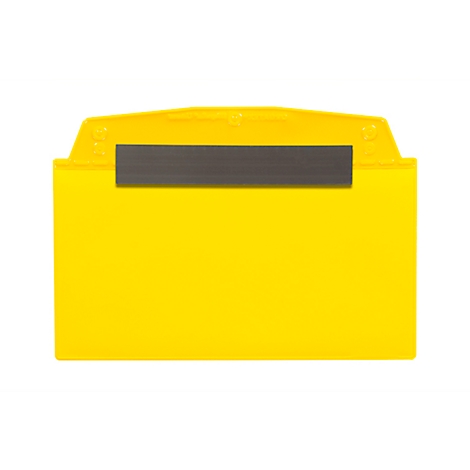 Yellow name tag holder with magnetic strip and rounded top.