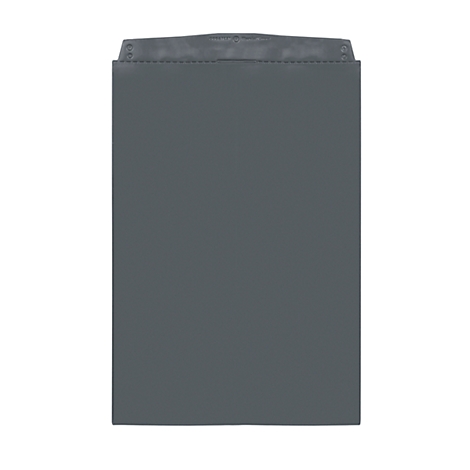 Gray bag with rounded top. Two rivets at the top. Seam on the edge.