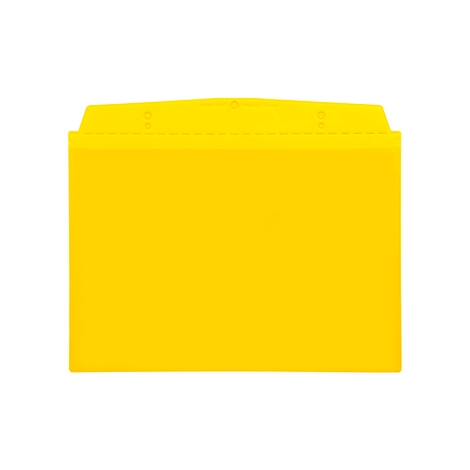 Yellow file folder on white background. Top with cutouts and holes.