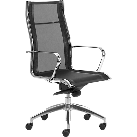 Black office chair made of metal and mesh fabric. High backrest, armrests, five castors.