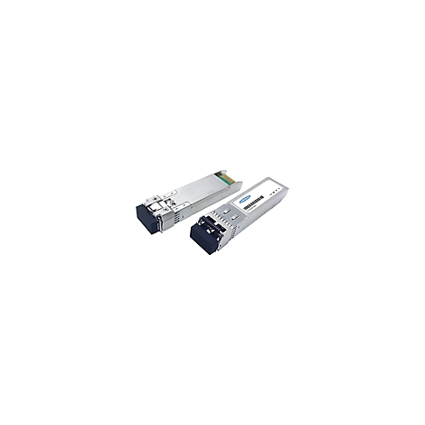 Zwei silberne SFP-Transceiver auf weißem Hintergrund. Einer hat einen blauen und schwarzen Stecker, der andere hat einen schwarzen Stecker.