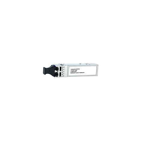 Ein silberner SFP-Transceiver mit schwarzem Stecker. Aufschrift: '25GBASE LR SFP28'.